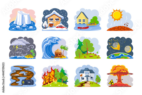 Set of natural disasters. Fires, tsunami, flood, ice melting, snowfall, drought, thunderstorm, rain