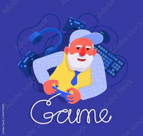Grandfather gamer. An elderly man, senior adult gaming. An old person playing a videogame with a gamepad. A vector cartoon illustration.
