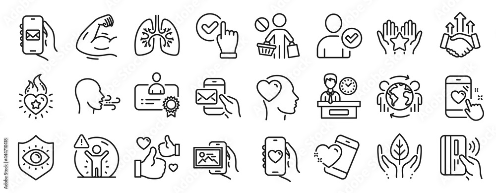 Set of People icons, such as Contactless payment, Stop shopping, Heart icons. Identity confirmed, Messenger mail, Global business signs. Friend, Dating app, Breathing exercise. Heart flame. Vector