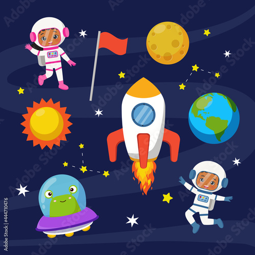 Cute astronaut boy and girl in space suit clip art. Flat vector cartoon design