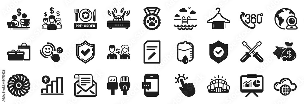 Set of Business icons, such as Smartphone message, Presentation, People communication icons. Swimming pool, Confirmed, Computer cables signs. Fan engine, Arena stadium, Pre-order food. Vector Set of Business icons, such as Smartphone message, Presentation, People communication icons. Swimming pool, Confirmed, Computer cables signs. Fan engine, Arena stadium, Pre-order food. Vector