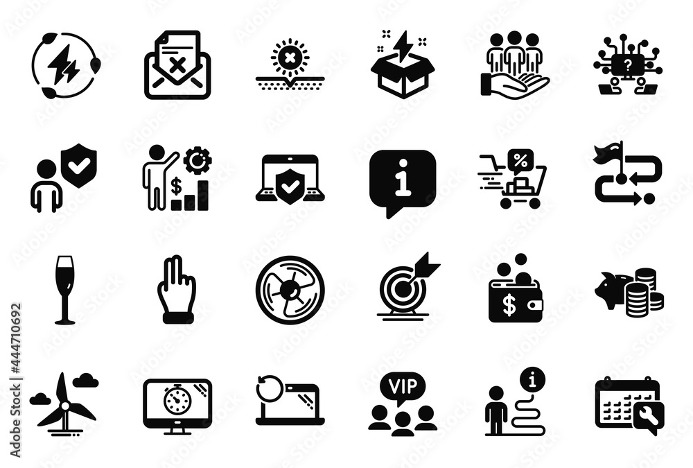 Vector Set of Business icons related to Reject letter, Windmill turbine and Laptop insurance icons. Vip clients, Piggy bank and Green electricity signs. Target goal, Best buyers and Air fan. Vector Vector Set of Business icons related to Reject letter, Windmill turbine and Laptop insurance icons. Vip clients, Piggy bank and Green electricity signs. Target goal, Best buyers and Air fan. Vector