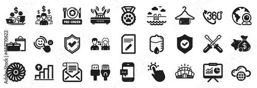 Set of Business icons, such as Smartphone message, Presentation, People communication icons. Swimming pool, Confirmed, Computer cables signs. Fan engine, Arena stadium, Pre-order food. Vector