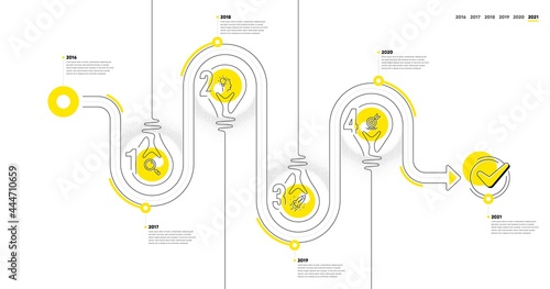 Business Infographic timeline with 4 steps. Lightbulb journey path infographics. Workflow process diagram with Research, Idea head, Startup rocket and Goal target line icons. Vector