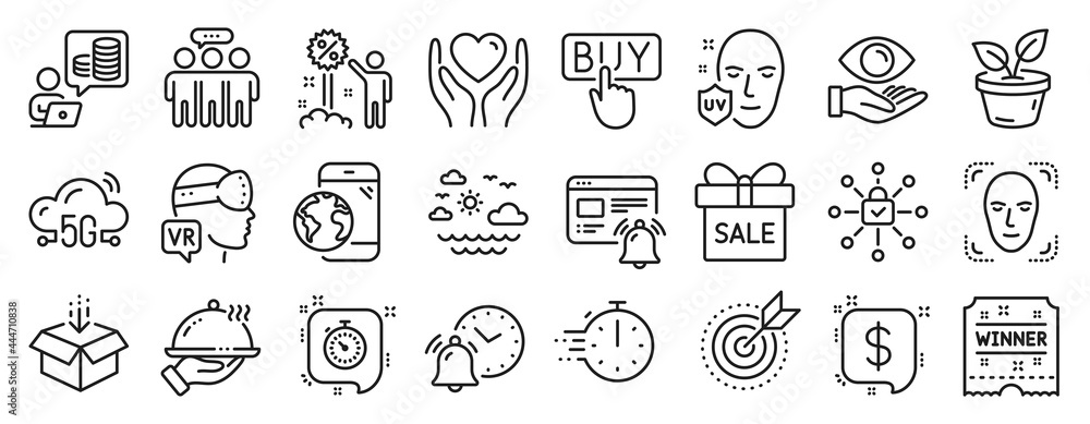 Set of Business icons, such as Cooking timer, Alarm clock, Augmented reality icons. Leaves, Winner ticket, Internet notification signs. Sale offer, Uv protection, Employees group. Timer. Vector