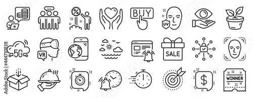 Set of Business icons  such as Cooking timer  Alarm clock  Augmented reality icons. Leaves  Winner ticket  Internet notification signs. Sale offer  Uv protection  Employees group. Timer. Vector
