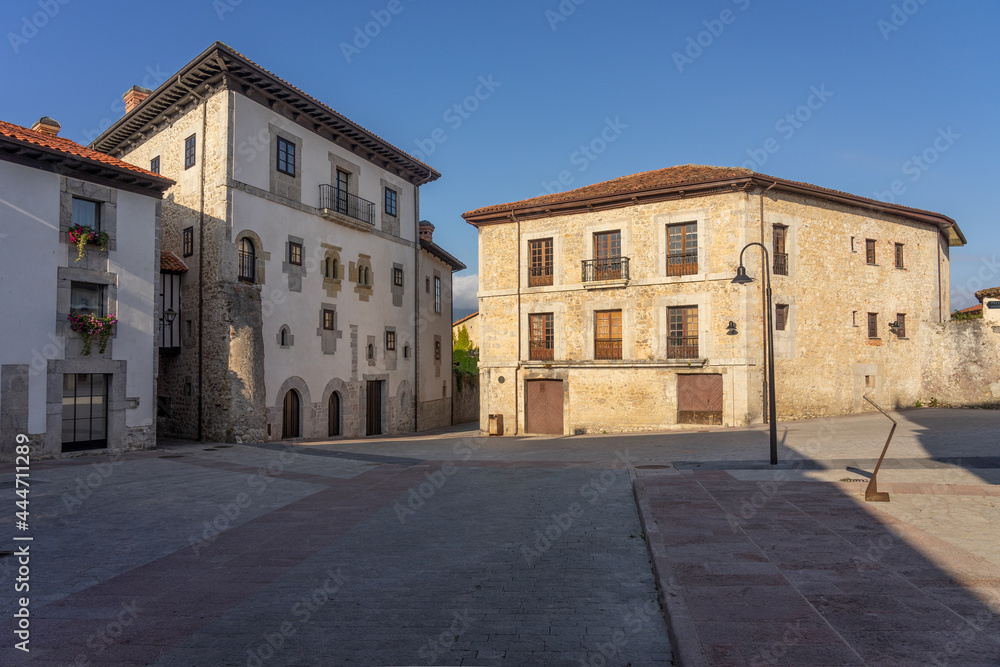Santa Ana square in the old town of the beautiful village of Llanes in north of Spain at sunrise.
