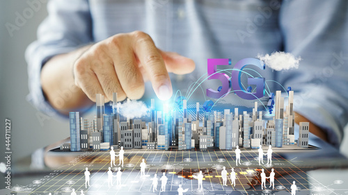 5G network wireless technology on city background, 3d rendering