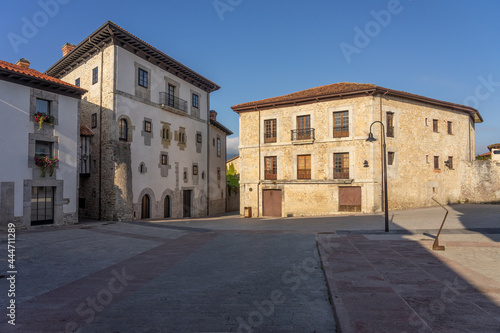 Santa Ana square in the old town of the beautiful village of Llanes in north of Spain at sunrise.