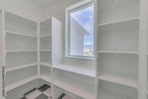 Interior view of a walk in pantry of the kitchen of home with empty shelves