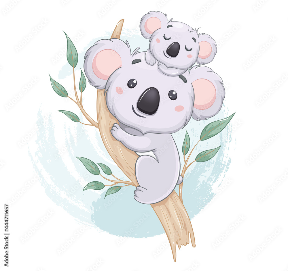 Fototapeta premium Funny koala with her baby on eucalyptus tree