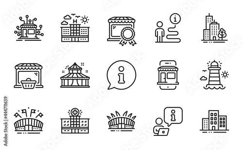 Buildings icons set. Included icon as Online market, Arena stadium, Hotel signs. Sports arena, Best market, Distribution symbols. Skyscraper buildings, Circus, Marketplace. Lighthouse. Vector