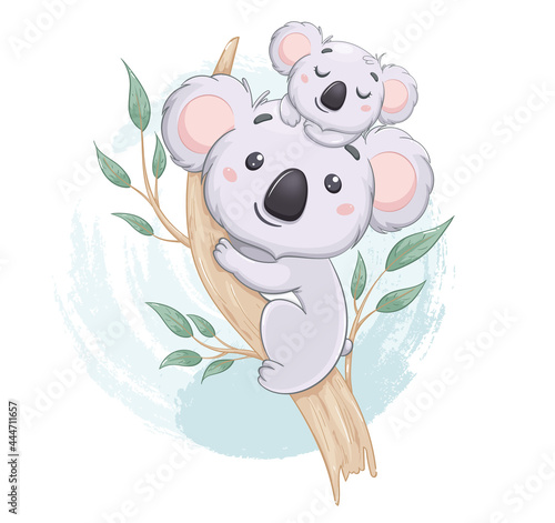 Funny koala with her baby on eucalyptus tree