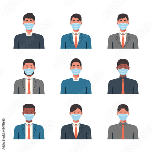 People portraits of businessmen with protective medical masks, male faces avatars isolated icons set, vector flat illustration
