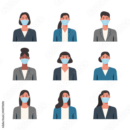 People portraits of businesswomen with protective medical masks, female faces avatars isolated icons set, vector flat illustration