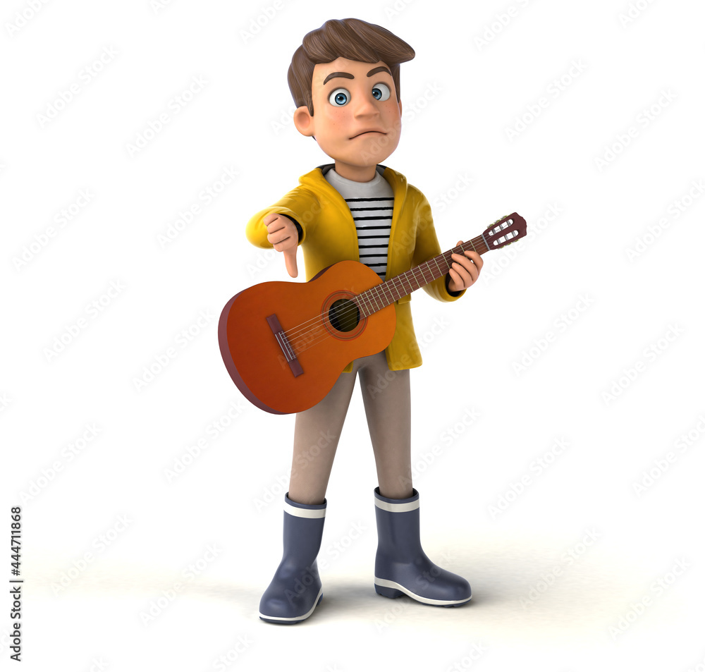 Fun 3D Illustration of a cartoon kid with rain gear