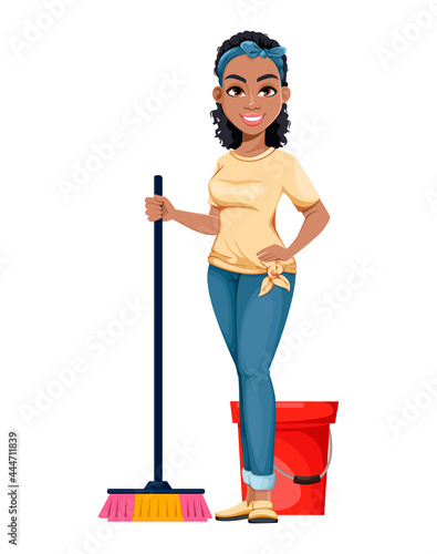 Pretty African American housewife washing floor