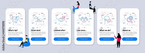 Medical icons set. UI phone app screens with teamwork. Included icon as Skin moisture, Electronic thermometer, Clean hands signs. Check eye, Medical mask, Coronavirus research line icons. Vector