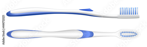 Toothbrush from different sides, isolated on white background. Realistic 3d Vector illustration, tooth brush set. Dental tool for oral hygiene.