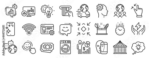 Set of Technology icons, such as Smile, Touchscreen gesture, Carousels icons. Candlestick chart, Time, Web settings signs. Safe energy, Seo statistics, Smile chat. 5g wifi, Credit card. Vector