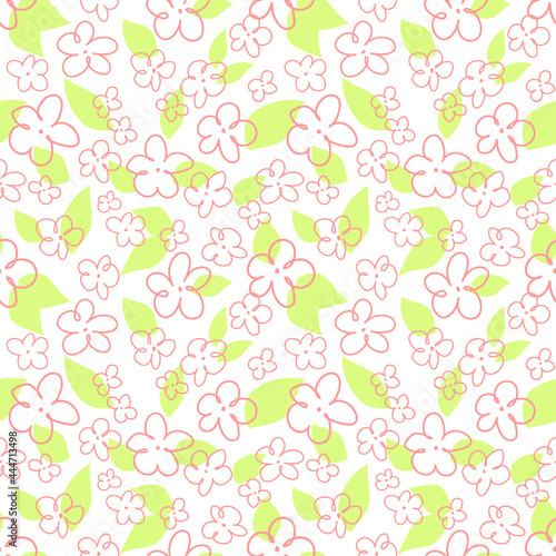 Pink flowers and green leaves. Simple flowers in doodle style. Light background pattern for wrapping paper, bedding, or baby clothes.