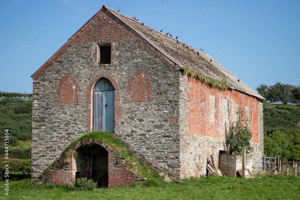 Fototapeta premium Old abandoned barn with birds on the roof