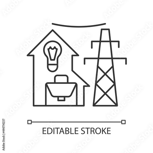 Electric utility linear icon. Electricity power industry production. Energy purchase. Thin line customizable illustration. Contour symbol. Vector isolated outline drawing. Editable stroke