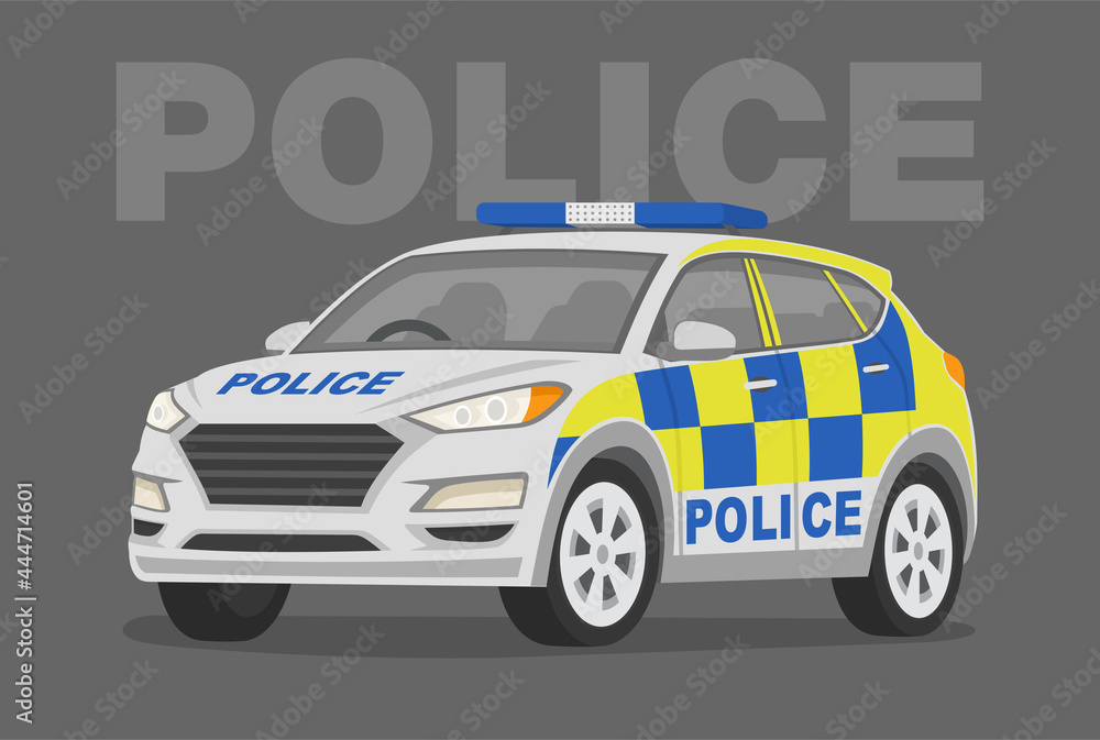 Isolated modern police car. Police suv car perspective front view. Flat vector illustration template. Isolated modern police car. Police suv car perspective front view. Flat vector illustration template.