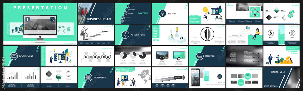 Business presentation, launch new technologies, financial project. Infographic design template, green, black elements, white background, set. A team of people creates a business, teamwork. Mobile app - obrazy, fototapety, plakaty 
