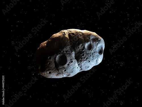 Rocky asteroid in space with stars. Asteroid isolated on a black background. Meteorite with impact craters.