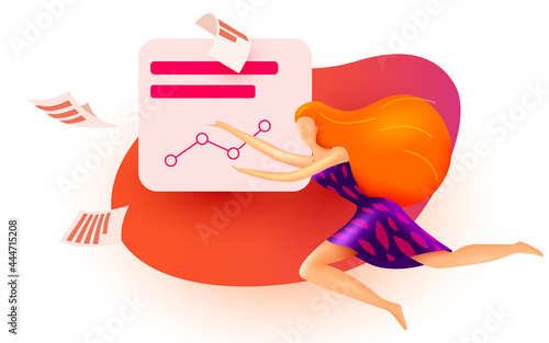 Woman flies around business solution elements. Data analysis. Business analyst.