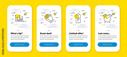 Vector set of Battery charging, Clapping hands and Survey results line icons set. UI phone app screens with line icons. Alarm clock icon. Electric energy, Clap, Best answer. Time. Vector