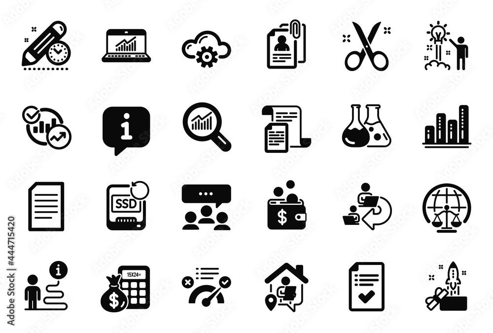 Vector Set of Education icons related to Innovation, Magistrates court and Recovery ssd icons. Project deadline, Cloud computing and Finance calculator signs. Delegate work, Creative idea. Vector