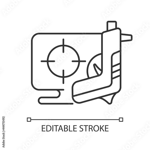 Shooter game linear icon. Action based genre focused on defeating enemies with weapons. Thin line customizable illustration. Contour symbol. Vector isolated outline drawing. Editable stroke