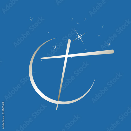Cross logo.Religious symbol.Christian sign.Faith church element isolated on blue background.Moon, stars sky.