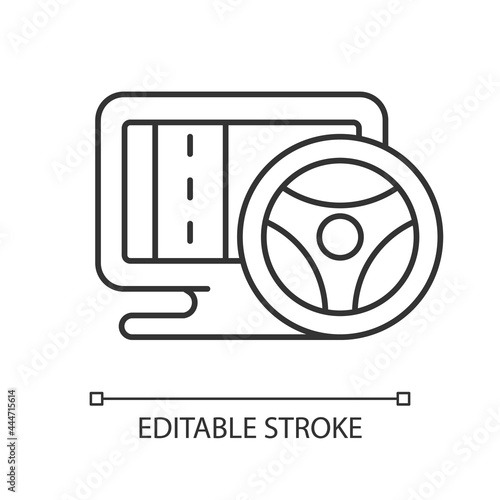 Vehicle simulation linear icon. Players feels like controlling different real automobile. Thin line customizable illustration. Contour symbol. Vector isolated outline drawing. Editable stroke
