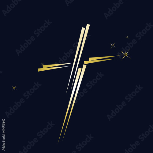 Cross logo.Religious symbol.Christian sign.Faith church element isolated on dark background.Star sky.