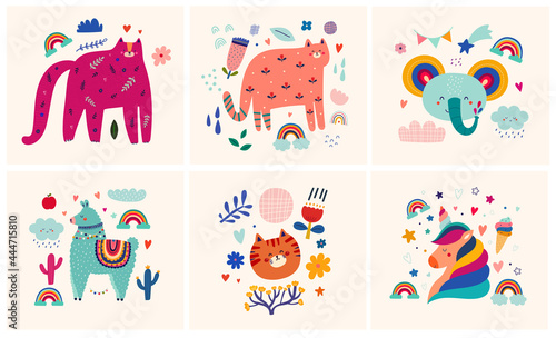 Baby design with cats. Baby animals pattern. Vector illustration with cute animals. Nursery baby illustration
