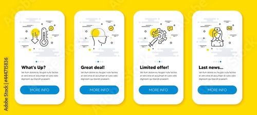 Vector set of Coronavirus vaccine, Face scanning and Low thermometer line icons set. UI phone app screens with line icons. Hospital nurse icon. Vector