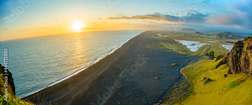 Aeria view of Dyrholaey beach Vik village in Iceland photo
