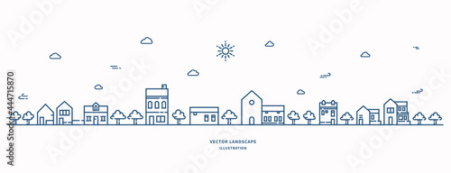 Vector landscape line art illustration. Village landscape with houses, building, tree, sky. Suburban landscape in monochrome line art style. Vector illustration.