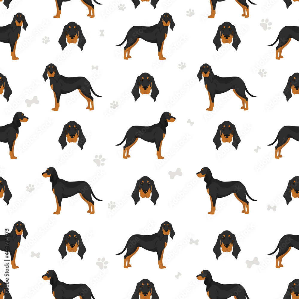 Black and tan coonhound seamless pattern. Different coat colors and poses set