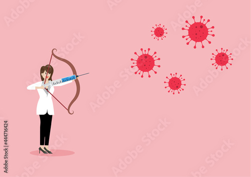 Female doctor fighting with coronavirus by syringe with vaccine