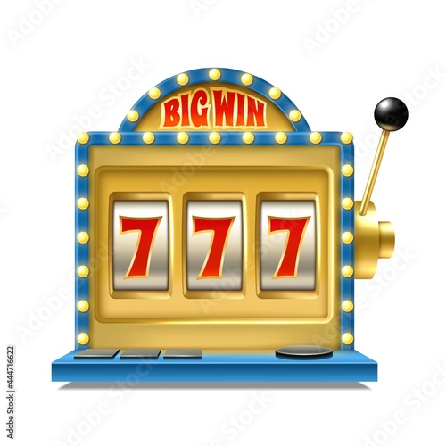 Casino jackpot. Slot machine. One lever armed bandit with numbers. Vintage machined spinning reel. Gambling equipment with lucky 777 combinations. Winning fortune. Vector illustration