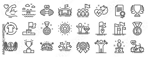 Set of Sports icons, such as Sports arena, Ole chant, Dumbbells workout icons. Winner star, Winner cup, Leadership signs. Cardio training, Cardio bike, Laureate award. Certificate, Flag. Vector