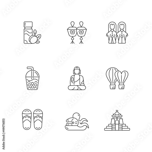 Traditional taiwanese linear icons set. Budaixi glove puppets. Customizable thin line contour symbols. Isolated vector outline illustrations. Editable stroke