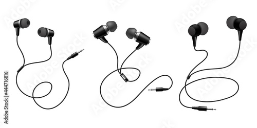 Earphones. Black headphone. Realistic audio gadget with speaker. View from different sides on mobile headset. Wire equipment for listening music. Device accessory. Vector earbuds set
