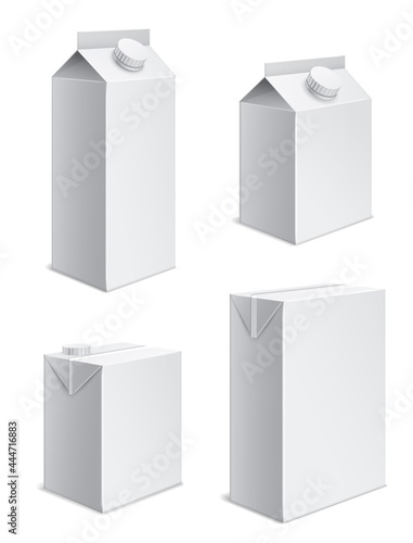 Boxes milk and juice. Realistic white cardboard packaging for beverages. 3D low or high drink containers. Blank bottles templates set. Vector dairy products packing mockup for branding