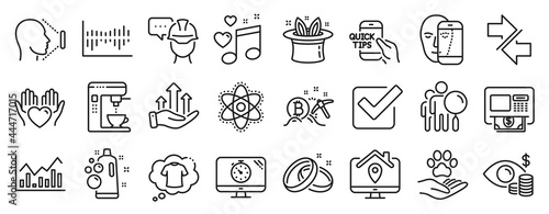 Set of Business icons, such as Synchronize, Hold heart, Hat-trick icons. Chemistry atom, Search people, Foreman signs. Atm, Love music, Coffee maker. T-shirt, Bitcoin mining, Seo timer. Vector