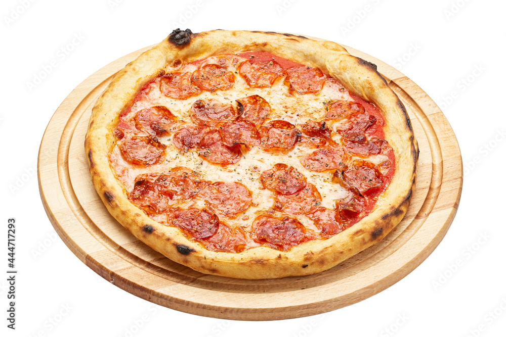 Delicious pepperoni pizza, served on a wooden plate isolated on a white background. Concept for advertising flyer and poster for restaurants or pizzerias. Delicious pepperoni pizza, served on a wooden plate isolated on a white background. Concept for advertising flyer and poster for restaurants or pizzerias.
